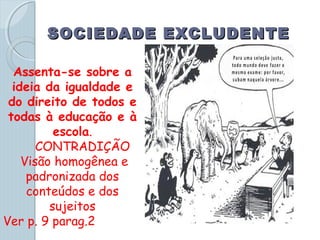 SOCIEDADE EXCLUDENTESOCIEDADE EXCLUDENTE
Assenta-se sobre a
ideia da igualdade e
do direito de todos e
todas à educação e à
escola.
CONTRADIÇÃO
Visão homogênea e
padronizada dos
conteúdos e dos
sujeitos
Ver p. 9 parag.2
 