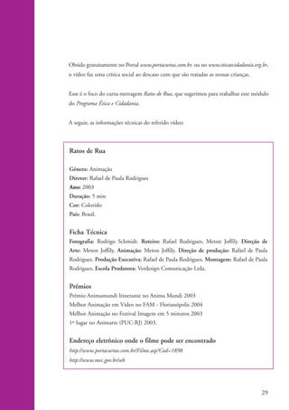 Obtido gratuitamente no Portal www.portacurtas.com.br, ou no www.eticaecidadania.org.br,
                    o vídeo faz uma crítica social ao descaso com que são tratadas as nossas crianças.


                    Esse é o foco do curta-metragem Ratos de Rua, que sugerimos para trabalhar este módulo
                    do Programa Ética e Cidadania.


                    A seguir, as informações técnicas do referido vídeo:



                    Ratos de Rua

                    Gênero: Animação
                    Diretor: Rafael de Paula Rodrigues
                    Ano: 2003
                    Duração: 5 min
                    Cor: Colorido
                    País: Brasil.


                    Ficha Técnica
                    Fotografia: Rodrigo Schmidt. Roteiro: Rafael Rodrigues, Meton Joffily. Direção de
                    Arte: Meton Joffily. Animação: Meton Joffily. Direção de produção: Rafael de Paula
                    Rodrigues. Produção Executiva: Rafael de Paula Rodrigues. Montagem: Rafael de Paula
                    Rodrigues, Escola Produtora: Verdesign Comunicação Ltda.


                    Prêmios
                    Prêmio Animamundi Itinerante no Anima Mundi 2003
                    Melhor Animação em Vídeo no FAM - Florianópolis 2004
                    Melhor Animação no Festival Imagem em 5 minutos 2003
                    1º lugar no Animarte (PUC-RJ) 2003.


                    Endereço eletrônico onde o filme pode ser encontrado
                    http://www.portacurtas.com.br/Filme.asp?Cod=1898
                    http://www.mec.gov.br/seb




                                                                                                         29


kit1_mod4.indd 29                                                                                        3/8/07 2:48:12 PM
 