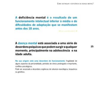 c omo    distinguir A deficiênciA dA doençA mentAl ?




A deficiência mental é o resultado de um
funcionamento intelectual inferior à média e de
dificuldades de adaptação que se manifestam
antes dos 18 anos.
                                                      RRo   q u e é A defi ci ên ci A m en tA l ?, 18




A doença mental está associada a uma série de
desordens psíquicas que podem surgir a qualquer                                                         25
momento, principalmente na adolescência e na
idade adulta.

Na sua origem está uma desordem de funcionamento: fragilidade de
alguns aspectos da personalidade, períodos de stress prolongado e importante,
conflitos psicológicos.
Pode ser associada a desordens orgânicas de natureza neurológica, bioquímica
ou genética.
 