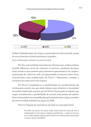 113
                 O Processo Vivenciado no Projeto Emersão Tecnológica de Professores em Formação




Gráfico 4: Manifestações de criação e manutenção de cultura de rede a partir
de seus elementos centrais posteriores ao projeto
Fonte: Informações coletadas na entrevista final

       Por fim, como referido anteriormente, frisamos que, embora tenham
existido diferentes níveis de respostas ao processo, ganharam destaque
neste estudo as que apontam para elementos representativos de criação e
manutenção de cultura de rede e já apresentadas no decorrer deste texto,
caracterizadas como manifestações de Nível 1. Salientamos, contudo, a
existência de outros níveis de resposta.

       No Nível 2 enquadram-se as manifestações de reconhecimento de
tal dimensão autoral, mas que ainda tinham como referência a linearidade
do modelo tradicional, ao passo que do Nível 3 fazem parte os sujeitos que
sequer reconheceram a possibilidade de assumir uma postura de autoria.
Esses níveis podem ser exemplificados pelos depoimentos a seguir, extraídos
da entrevista final realizada em agosto de 2004:

       Nível 2: Tomada de consciência ancorada na concepção linear

              Eu tinha um pouco de medo, tinha muita coisa de medo de usar o
              computador e essas coisas, e depois eu perdi isso... e agora eu sei que
              se eu tenho alguma idéia eu posso fazer um software para passar para
              os meus alunos (Aut4102).
 