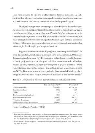 54
                                    Adriano Canabarro Teixeira


 Com base no texto do Proinfo, ainda podemos detectar a ausência de indi-
 cações sobre a forma como tais recursos podem ser imbricados aos processos
 necessariamente horizontais e comunicacionais da aprendizagem.

        Os objetivos seguintes apontam para a insuficiência do modelo edu-
 cacional atual em dar respostas às demandas de uma sociedade em crescente
 conexão, na medida em que atribuem ao Proinfo funções intimamente rela-
 cionadas à educação com ou sem TR, responsabilidade que, certamente, não
 pode exercer sozinho ou sem uma profunda articulação entre as diferentes
 políticas públicas na área, ancoradas num amplo processo de discussão sobre
 a concepção de educação que se quer vivenciar.

        Segundo o documento base do programa, as metas para o biênio 97-98
 eram de atender 7,5 milhões de alunos em 6 mil escolas; instalar 200 núcleos
 de tecnologia educacional (NTEs); capacitar mil professores multiplicadores
 e 25 mil professores das escolas para trabalhar com recursos de telemática
 em sala de aula; formar 6.600 técnicos de suporte às escolas e instalar 105 mil
 computadores, cem mil destinados às escolas públicas selecionadas e 5 mil
 aos NTEs. Buscando sistematizar a evolução das metas do Proinfo, a tabela
 a seguir apresenta uma relação entre essas previsões e os números atuais:7

 Tabela 3: Comparativo entre os números iniciais e atuais do Proinfo8

                                              Previsão biênio 97-98            Dados 20059
     Alunos atendidos                                    7.500.000             10.720.104
     Escolas atendidas                                       6.000                  4.856
     NTEs                                                      200                    345
     Professores multiplicadores                              1000                  2.114
     Professores capacitados                               200.000                166.477
     Técnicos de suporte                                     6.600                    291
     Microcomputadores distribuídos                        105.000                 66.169

 Fonte: Portal Seed – Proinfo – / MEC


 7
      Para a realização desse comparativo, utilizaram-se os números constantes das metas para o
      biênio 97-98, estabelecidas no documento base do programa, e as informações disponibilizadas
      no site do Proinfo (http://www.proinfo.mec.gov.br/), na opção NTE/Escolas.
 8
      Esses valores dizem respeito à soma dos números correspondentes de cada Estado em 11
      de maio de 2005.
 