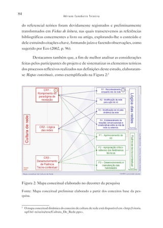 84
                                    Adriano Canabarro Teixeira


 do referencial teórico foram devidamente registrados e preliminarmente
 transformados em Fichas de leitura, nas quais transcrevemos as referências
 bibliográficas concernentes a livro ou artigo, explorando-lhe o conteúdo e
 dele extraindo citações-chave, formando juízo e fazendo observações, como
 sugerido por Eco (2002, p. 96).

           Destacamos também que, a fim de melhor analisar as considerações
 feitas pelos participantes do projeto e de sistematizar os elementos teóricos
 dos processos reflexivos realizados nas definições deste estudo, elaboraram-
 se Mapas conceituais, como exemplificado na Figura 2:5




 Figura 2: Mapa conceitual elaborado no decorrer da pesquisa

 Fonte: Mapa conceitual preliminar elaborado a partir dos conceitos base da pes-
 quisa.


 5
     O mapa conceitual dinâmico do conceito de cultura de rede está disponível em <http://vitoria.
     upf.br/~teixeira/tese/Cultura_De_Rede.pps>.
 