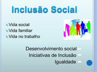 Vida social
Vida familiar
Vida no trabalho
Desenvolvimento social
Iniciativas de Inclusão
Igualdade
 