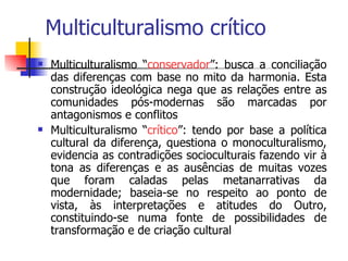 Multiculturalismo crítico Multiculturalismo “ conservador ”: busca a conciliação das diferenças com base no mito da harmonia. Esta construção ideológica nega que as relações entre as comunidades pós-modernas são marcadas por antagonismos e conflitos Multiculturalismo “ crítico ”: tendo por base a política cultural da diferença, questiona o monoculturalismo, evidencia as contradições socioculturais fazendo vir à tona as diferenças e as ausências de muitas vozes que foram caladas pelas metanarrativas da modernidade; baseia-se no respeito ao ponto de vista, às interpretações e atitudes do Outro, constituindo-se numa fonte de possibilidades de transformação e de criação cultural 