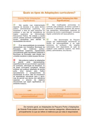 Quais os tipos de Adaptações curriculares?
Grande Porte (Adaptações
Significativas)
Pequeno porte (Adaptações Não
Significativas)
 São ajustes cuja implementação
depende de decisões e de ações técnico
político administrativas superiores, que
extrapolam a área de ação específica do
professor e que são de competência de
órgãos superiores da Administração
Educacional Pública. No entanto a escola
comum precisa promover modificações que
tornem necessárias para atender as
necessidades dos alunos.
 É de responsabilidade da sociedade,
representada nos Conselhos Municipais de
Educação; das instâncias político-
administrativas superiores, representadas
principalmente pelas Secretarias Estaduais e
Municipais de Educação, pela direção das
unidades escolares e pelas equipes técnicas.
 Não podemos realizar as adaptações
de grande porte desnecessárias,
especificamente as que envolvem supressão
de conteúdos, eliminação de disciplinas, ou
de áreas curriculares complexas. Sempre
enfatizar que qualquer adaptação de grande
porte, sirva sempre para melhor
aproveitamento e enriquecimento da
escolaridade do aluno. Não de empobrecer
as expectativas educativas para o aluno,
mas de permitir aos alunos com deficiência
especiais o alcance de objetivos
educacionais que sejam significativos, em
ambiente inclusivo.
 São modificações promovidas no
currículo, pelo professor, de forma a permitir e
promover a participação produtiva dos alunos
que apresentam necessidades especiais no
processo de ensino e aprendizagem, na escola
regular, juntamente com seus parceiros.
 São denominadas de Pequeno
porque sua implementação encontra-se no
âmbito de responsabilidade e de ação
exclusivos do professor, não exigindo
autorização, nem dependendo de ação de
qualquer outra instância superior, nas áreas
política, administrativa, e/ou técnica.
LINK
http://www.dominiopublico.gov.br/downlo
ad/texto/me000448.pdf
LINK
http://www.dominiopublico.gov.br/download
/texto/me000448.pdf
De maneira geral, as Adaptações de Pequeno Porte e Adaptações
de Grande Porte podem ocorrer nas mesmas categorias, diferenciando-se
principalmente no que se refere à instância que por elas é responsável.
 