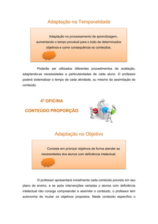 Adaptação na Temporalidade
Poderão ser utilizados diferentes procedimentos de avaliação,
adaptando-as necessidades e particularidades de cada aluno. O professor
poderá sistematizar o tempo de cada atividade, ou mesmo da assimilação do
conteúdo.
4º OFICINA
CONTEÚDO PROPORÇÃO
Adaptação no Objetivo
O professor apresentará inicialmente cada conteúdo previsto em seu
plano de ensino, e se após intervenções variadas o alunos com deficiência
intelectual não consiga compreender e assimilar o conteúdo, o professor tem
autonomia de mudar os objetivos propostos. Neste conteúdo específico o
Adaptação no processamento de aprendizagem,
aumentando o tempo provável para o trato de determinados
objetivos e como consequência os conteúdos.
Consiste em priorizar objetivos de forma atender as
necessidades dos alunos com deficiência intelectual.
 