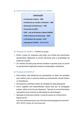Documentos para organização do trabalho:
Proposta de trabalho I: Trabalho em grupo
 Dividir o grupo em subgrupos para fazer uma síntese dos documentos
apresentados registrando os pontos relevantes para a consolidação da
prática de inclusão.
 Um membro de cada grupo deverá socializar no grande grupo os pontos
os apontamentos registrados tecendo considerações necessárias.
Proposta de trabalho II:
 Para finalizar, será distribuído aos participantes um teste com questões
para verificar qual é o canal de acesso ao conhecimento (Visual Auditivo
ou Sinestésico);
 Na sequencia, será feito a leitura do resultado de cada participante;
 Como sugestão será disponibilizado cópias para que os pedagogos
possam utilizar da forma que desejarem, fazendo os encaminhamentos
necessários para minimizar as dificuldades de aprendizagem.
 Aplicação do teste para verificar o canal de acesso ao conhecimento.
Disponível em:
http://www.diaadiaeducacao.pr.gov.br/portals/roteiropedagogico/recursometod/
2874_TESTE_Canais_de_Comunicaca.pdf
LEGISLAÇÃO
- Constituição Federal - 1988
- Conferência de Jomtien (Tailândia) - 1990
- Declaração de Salamanca - 1994
- Convenção da ONU
- LDB – Leis de Diretrizes e Bases 9394/96
- Política Nacional de Educação – MEC
- Lei Brasileira de inclusão - 2015
- Instrução Nº 07/2016 – SEED/SUED
 