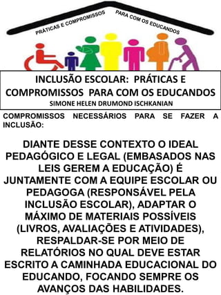 INCLUSÃO ESCOLAR: PRÁTICAS E
COMPROMISSOS PARA COM OS EDUCANDOS
SIMONE HELEN DRUMOND ISCHKANIAN
COMPROMISSOS
INCLUSÃO:

NECESSÁRIOS

PARA

SE

FAZER

A

DIANTE DESSE CONTEXTO O IDEAL
PEDAGÓGICO E LEGAL (EMBASADOS NAS
LEIS GEREM A EDUCAÇÃO) É
JUNTAMENTE COM A EQUIPE ESCOLAR OU
PEDAGOGA (RESPONSÁVEL PELA
INCLUSÃO ESCOLAR), ADAPTAR O
MÁXIMO DE MATERIAIS POSSÍVEIS
(LIVROS, AVALIAÇÕES E ATIVIDADES),
RESPALDAR-SE POR MEIO DE
RELATÓRIOS NO QUAL DEVE ESTAR
ESCRITO A CAMINHADA EDUCACIONAL DO
EDUCANDO, FOCANDO SEMPRE OS
AVANÇOS DAS HABILIDADES.

 