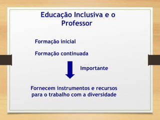 Educação Inclusiva e o
Professor
Formação inicial
Importante
Fornecem instrumentos e recursos
para o trabalho com a diversidade
Formação continuada
 