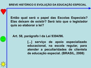 BREVE HISTÓRICO E EVOLUÇÃO DA EDUCAÇÃO ESPECIAL
Então qual será o papel das Escolas Especiais?
Elas deixam de existir? Será isto que o legislador
quis ao elaborar a lei?
[...] serviço de apoio especializado
educacional, na escola regular, para
atender a peculiaridades de clientela
de educação especial. (BRASIL, 2008)
Art. 58, parágrafo I da Lei 9394/96.
 