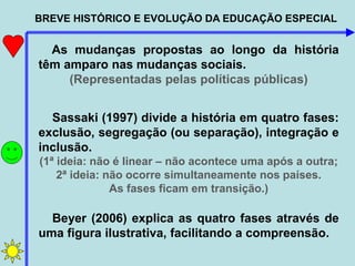BREVE HISTÓRICO E EVOLUÇÃO DA EDUCAÇÃO ESPECIAL
As mudanças propostas ao longo da história
têm amparo nas mudanças sociais.
(Representadas pelas políticas públicas)
Sassaki (1997) divide a história em quatro fases:
exclusão, segregação (ou separação), integração e
inclusão.
(1ª ideia: não é linear – não acontece uma após a outra;
2ª ideia: não ocorre simultaneamente nos países.
As fases ficam em transição.)
Beyer (2006) explica as quatro fases através de
uma figura ilustrativa, facilitando a compreensão.
 
