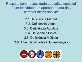 Pessoas com necessidade educativa especial
é um indivíduo que apresenta uma das
características abaixo:
3.1.Deficiência Mental
3.2. Deficência Visual
3.3. Deficiência Auditiva
3.4. Deficiência Física
3.5. Deficiência Múltipla
3.6. Altas Habilidades / Superdotação
 