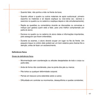 • Quando falar, não ponha a mão na frente da boca;

         • Quando utilizar o quadro ou outros materiais de apoio audiovisual, primeiro
           exponha os materiais e só depois explique ou vice-versa (ex.: escreva o
           exercício no quadro ou no caderno e explique depois e não simultaneamente);

         • Repita as questões ou comentários durante as discussões ou conversas e
           indique (por gestos) quem está a falar, para uma melhor compreensão por
           parte do aluno;

         • Escreva no quadro ou no caderno do aluno datas e informações importantes,
           para assegurar que foram entendidas;

         • Durante os exames, o aluno deverá ocupar um lugar na fila da frente. Um
           pequeno toque no ombro dele poderá ser um bom sistema para chamar-lhe a
           atenção, antes de fazer um esclarecimento.


Deficiência física

Sinais de deficiência física

         • Movimentação sem coordenação ou atitudes desajeitadas de todo o corpo ou
           parte dele;

         • Anda de forma não coordenada, pisa na ponta dos pés ou manca;

         • Pés tortos ou qualquer deformidade corporal;

         • Pernas em tesoura (uma estendida sobre a outra);

         • Dificuldade em controlar os movimentos, desequilíbrios e quedas constantes;




                                                                                         107
 