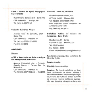 CAPE - Centro de Apoio Pedagógico            Conselho Tutelar do Amazonas
Especializado
                                               Rua Monsenhor Coutinho, 417
  Rua Almirante Barroso, 2279 – Santa Rita     CEP 69010-110        Manaus AM
  CEP 68900-475       Macapá, AP               Tel. (92) 233-6993 / 9631-9739
  Tel. (96) 212-5267/5143                      Para consultar outros Conselhos do
                                               Amazonas visite o site
                                               http://www.mp.am.gov.br
Conselho Tutelar do Amapá

  Avenida Cora de Carvalho, 2791 -           Biblioteca Pública do         Estado   do
  Santa Rita                                 Amazonas – Setor Braile
  CEP 68900-000       Macapá, AP
                                               Rua Barroso, 57 - Centro
  Tel. (96) 242-3618 / 223-3350
                                               CEP 69010-050        Manaus, AM
  Fax (96) 242-3619
                                               Tel. (92) 234-0588
                                               Fax (92) 234-0588
AMAZONAS
                                               Email: setorbrailleamazonas@bol.com.br
Manaus
                                             Funcionamento: segunda a sexta feira, de
APAE - Associação de Pais e Amigos           08:00 às 17:00h
dos Excepcionais de Manaus
                                             Serviço gratuito
  Avenida Perimetral, s/n º - Conjunto
  Castelo Branco - Parque Dez de
                                             Clientela: jovens e adultos
  Novembro
  CEP 69055-040 Manaus, AM                   Serviços: Serviço de referência por tele-
  Tel. (92) 236-4587 / 642-8501 / 236-2630   fone; assistentes de leitura; leitores /
                                             escritores em braile; empréstimo prolonga-
                                             do; isenção de multas de atraso; aumento
                                             do tempo de reserva; cartões de autoriza-
                                             ção para terceiros retirarem os livros em



                                                                                          127
 