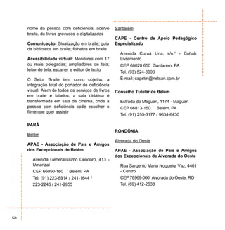 nome da pessoa com deficiência; acervo        Santarém
      braile, de livros gravados e digitalizados
                                                    CAPE - Centro de Apoio Pedagógico
      Comunicação: Sinalização em braile; guia      Especializado
      da biblioteca em braile; folhetos em braile
                                                      Avenida Curuá Una, s/nº - Cohab
      Acessibilidade virtual: Monitores com 17        Livramento
      ou mais polegadas; ampliadores de tela;         CEP 68020 650 Santarém, PA
      leitor de tela; escaner e editor de texto
                                                      Tel. (93) 524-3000
      O Setor Braile tem como objetivo a              E-mail: capstm@netsan.com.br
      integração total do portador de deficiência
      visual. Além de todos os serviços de livros   Conselho Tutelar de Belém
      em braile e falados, a sala didática é
      transformada em sala de cinema, onde a          Estrada do Maguari, 1174 - Maguari
      pessoa com deficiência pode escolher o          CEP 66813-150        Belém, PA
      filme que quer assistir
                                                      Tel. (91) 255-3177 / 9634-6430

      PARÁ
                                                    RONDÔNIA
      Belém
                                                    Alvorada do Oeste
      APAE - Associação de Pais e Amigos
      dos Excepcionais de Belém                     APAE - Associação de Pais e Amigos
                                                    dos Excepcionais de Alvorada do Oeste
        Avenida Generalíssimo Deodoro, 413 -
        Umarizal                                      Rua Sargento Maria Nogueira Vaz, 4461
        CEP 66050-160       Belém, PA                 - Centro
        Tel. (91) 223-8914 / 241-1644 /               CEP 78969-000 Alvorada do Oeste, RO
        223-2246 / 241-2955                           Tel. (69) 412-2633




128
 