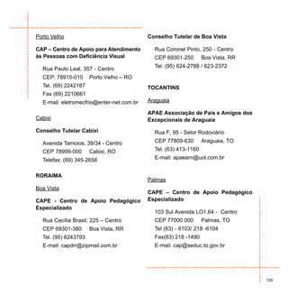 Porto Velho                                Conselho Tutelar de Boa Vista

CAP – Centro de Apoio para Atendimento       Rua Coronel Pinto, 250 - Centro
às Pessoas com Deficiência Visual            CEP 69301-250        Boa Vista, RR
                                             Tel. (95) 624-2788 / 623-2372
  Rua Paulo Leal, 357 - Centro
  CEP: 78915-010      Porto Velho – RO
  Tel. (69) 2242187                        TOCANTINS
  Fax (69) 2210661
  E-mail: eletromecfrio@enter-net.com.br   Araguaia

                                           APAE Associação de Pais e Amigos dos
Cabixi                                     Excepcionais de Araguaia
Conselho Tutelar Cabixi                      Rua F, 95 - Setor Rodoviário
  Avenida Tamoios, 39/34 - Centro            CEP 77809-630        Araguaia, TO
  CEP 78999-000       Cabixi, RO             Tel. (63) 413-1160
  Telefax: (69) 345-2656                     E-mail: apaearn@uol.com.br


RORAIMA
                                           Palmas
Boa Vista
                                           CAPE – Centro de Apoio Pedagógico
CAPE - Centro de Apoio Pedagógico          Especializado
Especializado
                                             103 Sul Avenida LO1,64 - Centro
  Rua Cecília Brasil, 225 – Centro           CEP 77000 000        Palmas, TO
  CEP 69301-380       Boa Vista, RR          Tel (63) - 6103/ 218 -6104
  Tel. (95) 6243793                          Fax(63) 218 -1490
  E-mail: capdrr@zipmail.com.br              E-mail: cap@seduc.to.gov.br




                                                                                  129
 