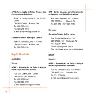 APAE Associação de Pais e Amigos dos    CAP - Centro de Apoio para Atendimento
      Excepcionais de Palmas                  às Pessoas com Deficiência Visual

        ACNO 2 - Conjunto 04 - Lote 25/26 -     Rua Pedro Monteiro, s/nº - Centro
        Centro                                  CEP 57000-011         Maceió, AL
        CEP 77013-080        Palmas, TO         Tel. (82) 315-1362 / 326-4983
        Tel. (83) 215-4109
        Fax (83) 215-8013
                                              Rio Largo
        E-mail apaepalmas@uol.com.br
                                              Conselho Tutelar de Rio Largo
      Conselho Tutelar da Região Central        Rua Doutor Batista Acioly, 143
        154 Sul Alameda 2, lote 5 - Centro      CEP 57000-100         Rio Largo, AL
        CEP 77021-662        Palmas, TO         Tel.: (82) 261-1470
        Tel. (63) 218-5194                      E-mail: sipiarl@ipdal.com.br
                                                Site: http://www.abmp.org.br/sites/ctdca/

      Região Nordeste                         BAHIA

      ALAGOAS                                 Salvador

      Maceió                                  APAE - Associação de Pais e Amigos
                                              dos Excepcionais de Salvador
      APAE - Associação de Pais e Amigos
      dos Excepcionais de Maceió                Rua Rio Grande do Sul, 545 - Pituba
                                                CEP 41830-141         Salvador, BA
        Rua Dias Cabral, 606 - Centro
                                                Tel. (71) 270-8300
        CEP 57020 250 Maceió, AL
                                                E-mail: super@apaesalvador.org.br
        Tel. (82) 3032-3547
        Fax (82) 326-4491
        E-mail: apaemaceio@bol.com.br


130
 