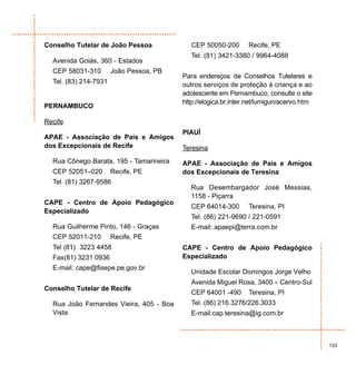 Conselho Tutelar de João Pessoa             CEP 50050-200       Recife, PE
                                            Tel. (81) 3421-3380 / 9964-4088
  Avenida Goiás, 360 - Estados
  CEP 58031-310        João Pessoa, PB
                                         Para endereços de Conselhos Tutelares e
  Tel. (83) 214-7931                     outros serviços de proteção à criança e ao
                                         adolescente em Pernambuco, consulte o site
                                         http://elogica.br.inter.net/lumigun/acervo.htm
PERNAMBUCO

Recife
                                         PIAUÍ
APAE - Associação de Pais e Amigos
dos Excepcionais de Recife               Teresina
  Rua Cônego Barata, 195 - Tamarineira   APAE - Associação de Pais e Amigos
  CEP 52051–020        Recife, PE        dos Excepcionais de Teresina
  Tel. (81) 3267-9586
                                            Rua Desembargador José Messias,
                                            1158 - Piçarra
CAPE - Centro de Apoio Pedagógico
                                            CEP 64014-300       Teresina, PI
Especializado
                                            Tel. (86) 221-9690 / 221-0591
  Rua Guilherme Pinto, 146 - Graças         E-mail: apaepi@terra.com.br
  CEP 52011-210        Recife, PE
  Tel (81) 3223 4458                     CAPE - Centro de Apoio Pedagógico
  Fax(81) 3231 0936                      Especializado
  E-mail: cape@fisepe.pe.gov.br
                                            Unidade Escolar Domingos Jorge Velho
                                            Avenida Miguel Rosa, 3400 – Centro-Sul
Conselho Tutelar de Recife
                                            CEP 64001 -490      Teresina, PI
  Rua João Fernandes Vieira, 405 - Boa      Tel. (86) 216.3276/226.3033
  Vista                                     E-mail:cap.teresina@ig.com.br



                                                                                          133
 