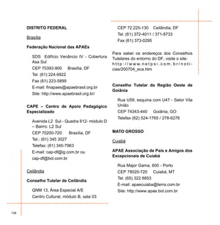 DISTRITO FEDERAL                              CEP 72.225-130            Ceilândia, DF
                                                    Tel. (61) 372-4011 / 371-8733
      Brasília
                                                    Fax (61) 373-0295
      Federação Nacional das APAEs
                                                 Para saber os endereços dos Conselhos
         SDS Edifício Venâncio IV - Cobertura    Tutelares do entorno do DF, visite o site:
         Asa Sul                                 h t t p : / / w w w. n e t p s i . c o m . b r / n o t i -
         CEP 70393-900         Brasília, DF      cias/200704_eca.htm
         Tel. (61) 224-9922
         Fax (61) 223-5899
                                                 Conselho Tutelar da Região Oeste de
         E-mail: finapaes@apaebrasil.org.br
                                                 Goiânia
         Site: http://www.apaebrasil.org.br/
                                                    Rua U59, esquina com U47 - Setor Vila
      CAPE – Centro de Apoio Pedagógico             União
      Especializado                                 CEP 74343-440             Goiânia, GO
                                                    Telefax (62) 524-1765 / 278-6278
         Avenida L2 Sul - Quadra 612- módulo D
         – Bairro: L2 Sul
         CEP 70200-720         Brasília, DF      MATO GROSSO
         Tel.: (61) 345 3027                     Cuiabá
         Telefax: (61) 345-7963
         E-mail: cap-df@ig.com.br ou             APAE Associação de Pais e Amigos dos
                                                 Excepcionais de Cuiabá
         cap-df@bol.com.br
                                                    Rua Major Gama, 600 - Porto
      Ceilândia                                     CEP 78020-720             Cuiabá, MT
                                                    Tel. (65) 322 8853
      Conselho Tutelar de Ceilândia
                                                    E-mail: apaecuiaba@terra.com.br
         QNM 13, Área Especial A/E                  Site: http://www.apae.bol.com.br
         Centro Cultural, módulo B, sala 03


136
 