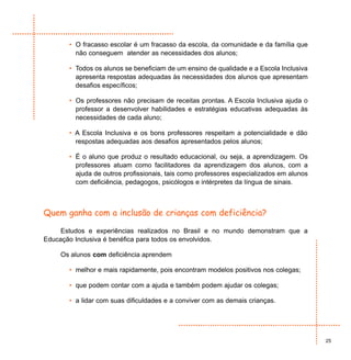 • O fracasso escolar é um fracasso da escola, da comunidade e da família que
         não conseguem atender as necessidades dos alunos;

       • Todos os alunos se beneficiam de um ensino de qualidade e a Escola Inclusiva
         apresenta respostas adequadas às necessidades dos alunos que apresentam
         desafios específicos;

       • Os professores não precisam de receitas prontas. A Escola Inclusiva ajuda o
         professor a desenvolver habilidades e estratégias educativas adequadas às
         necessidades de cada aluno;

       • A Escola Inclusiva e os bons professores respeitam a potencialidade e dão
         respostas adequadas aos desafios apresentados pelos alunos;

       • É o aluno que produz o resultado educacional, ou seja, a aprendizagem. Os
         professores atuam como facilitadores da aprendizagem dos alunos, com a
         ajuda de outros profissionais, tais como professores especializados em alunos
         com deficiência, pedagogos, psicólogos e intérpretes da língua de sinais.



Quem ganha com a inclusão de crianças com deficiência?

     Estudos e experiências realizados no Brasil e no mundo demonstram que a
Educação Inclusiva é benéfica para todos os envolvidos.

    Os alunos com deficiência aprendem

       • melhor e mais rapidamente, pois encontram modelos positivos nos colegas;

       • que podem contar com a ajuda e também podem ajudar os colegas;

       • a lidar com suas dificuldades e a conviver com as demais crianças.




                                                                                         25
 
