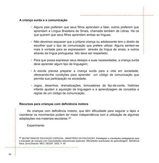 A criança surda e a comunicação

                • Alguns pais preferem que seus filhos aprendam a falar, outros preferem que
                  aprendam a Língua Brasileira de Sinais, chamada também de Libras. Há os
                  que querem que seus filhos aprendam ambas as línguas;

                • Não devemos esquecer que a própria criança ou adolescente tem o direito de
                  escolher qual o tipo de comunicação que prefere utilizar. Alguns sentem-se
                  mais à vontade para se expressarem através da língua de sinais, e outros
                  através da língua portuguesa. Isto deve ser respeitado;

                • Para que possa expressar seus desejos e suas necessidades, a criança surda
                  deve aprender algum tipo de linguagem;

                • A escola precisa preparar a criança surda para a vida em sociedade,
                  oferecendo-lhe condições para aprender um código de comunicação que
                  permita sua participação na sociedade;

                • Jogos, desenhos, dramatizações, brincadeiras de faz-de-conta, histórias
                  infantis ajudam a aquisição da linguagem e a aprendizagem de conceitos e
                  regras de um código de comunicação.


     Recursos para crianças com deficiência motora

          As crianças com deficiência motora, que têm dificuldade para segurar o lápis e
     coordenar os movimentos podem ter maior independência com a utilização de algumas
     adaptações nos materiais escolares. 20

            Experimente:


     20 SECRETARIA DE EDUCAÇÃO ESPECIAL, MINISTÉRIO DA EDUCAÇÃO. Estratégias e orientações pedagógicas para
     a educação de crianças com necessidades educacionais especiais: dificuldades acentuadas de aprendizagem: deficiência
     física. [livro] Brasília: MEC; SEESP, 2002, P. 69



58
 