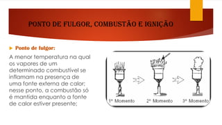 Ponto de Fulgor, Combustão e Ignição
 Ponto de fulgor:
A menor temperatura na qual
os vapores de um
determinado combustível se
inflamam na presença de
uma fonte externa de calor;
nesse ponto, a combustão só
é mantida enquanto a fonte
de calor estiver presente;
 