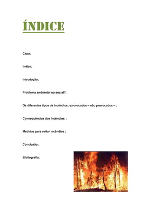 Índice
Capa;
Índice;
Introdução;
Problema ambiental ou social? ;
Os diferentes tipos de incêndios, -provocados – não provocados – ;
Consequências dos incêndios ;
Medidas para evitar incêndios ;
Conclusão ;
Bibliografia;
 