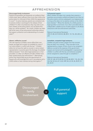 32 
APPREHENSION 
Discouraged family involvement 
Parents and guardians are frequently not notified of their child’s arrest, given sufficient time to join their child at the police station or informed of their child’s first appearance in court.87 In some instances, parents are contacted only to extract a bribe in exchange for the release of their children;88 in other circumstances, they may wish to join their children at the police station, but are fearful that they, too, will be arrested.89 As a result, children are often left at the mercy of law enforcement authorities without the support, protection and understanding of a trusted adult.90 
Full parental support 
When children are taken into custody, their parents or guardians are promptly notified and asked to join them at the police station and any subsequent court appearances so long as this does not run plainly contrary to the child’s best interests.91 Where the identity of a child’s parents or legal guardian is not known, he or she is provided with an independent, reliable source of adult support in all official interactions with law enforcement authorities. 
Relevant International Standards: 
CRC (9, 40); GC10 (53-54, 58); BR (7, 10, 15), JDL (22); LA (47) 
Absent, ineffective counsel 
The vast majority of children cannot afford their own lawyer, yet legal aid is simply not available for many if not most children in conflict with the law.92 Children either do not have the right to counsel or cannot obtain representation in practice given the shortage of available defence lawyers.93 Even when legal assistance is in fact provided, it is often not offered until after children have been questioned by law enforcement.94 Alternatively, police may intentionally secure the appointment of lawyers who will knowingly fail to act in accordance with a child’s wishes or best interests during interrogation.95 
Immediate, competent legal assistance 
Children are given access a lawyer from the moment they are taken into custody.96 They may elect to be represented by a lawyer of their choice or by competent defence counsel at the expense of the government. Lawyers are trained and knowledgeable in representing children in conflict with the law, and wherever possible remain assigned to cases through to completion.97 
Relevant International Standards: 
CRC (37, 40); GC10 (49-50, 52, 58, 82); BR (7, 15); JDL (18); GA (16); SG (A.6, B.1-B.2); HRC (4); LA (18, 26, 28-29, 31, 40, 44-47) 
V 
Discouraged 
family 
involvement 
Full parental support  