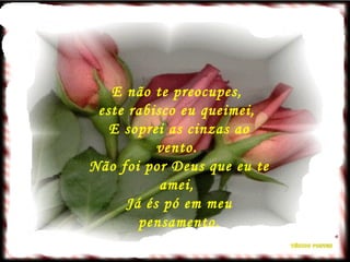 E não te preocupes,  este rabisco eu queimei,  E soprei as cinzas ao vento.  Não foi por Deus que eu te amei,  Já és pó em meu pensamento. 