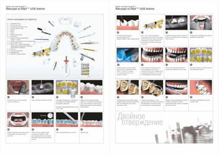 09 11 12
13 14 15 16
2017 1918
10
∗ Время отверждения зависит от мощности
используемого устройства.
Чем меньше мощность, тем больше времени
требуется для отверждения.
См. инструкцию производителя
Брекет-система Incognito™
Фиксация на RelyX™ U200 Automix
Тщательно высушите воздухом
без примеси воды и масла.
Проверьте поверхность зуба с помощью зеркала.
RelyX™ U200 – самопротравливающий
самоадгезивный цемент двойного отверждения.
Наконечник обеспечивает удобное замешивание
и дозирование. Не допускайте перекрестного
загрязнения канюли шприца. Рабочее время –
2 мин. 30 сек.
Используя аппликатор, нанесите тонкий слой
цемента на основание брекета в трансферной
каппе (ассистент).
Установите каппу и прижимайте, пока ассистент
полимеризует адгезив лампой.
Старайтесь держать световод как можно
ближе к брекету. Полимеризуйте лампой
Ortholux™ Luminous* по 3 секунды
с 4-х сторон брекета (всего 12 сек.).
Начинайте с моляров.
Сначала извлеките систему сухого поля,
затем трансферную каппу. Начните
со внешнего жесткого слоя. Снимайте каппу
в мезиальном направлении от щек к языку
(при необходимости используйте скалер).
Затем снимите мягкий внутренний слой
в мезиальном направлении от щек к языку.
Используйте скриншоты для оценки точности
позиционирования брекетов.
С помощью скалера и флосса удалите излишки
материала с брекетов и контактных поверхностей
зубов. При необходимости используйте
низкоскоростной бор.
С помощью флосса убедитесь, что все
контактные поверхности свободны от материала.
При необходимости используйте штрипсы
для апроксимального пришлифовывания.
Проверьте наличие преждевременных контактов
на молярах и премолярах с помощью
артикуляционной бумаги. Контакты на передних
зубах можно оставить.
Сошлифуйте преждевременные контакты
на боковых зубах.
Двойное
отверждение
05 06 07 08
01 02 0403
1
17
2
3
4
5
6
7
8
9
12
11
13
14
15
16
10
Расположите каппу во рту для проверки
точности ее прилегания.
Брекет-система Incognito™
Фиксация на RelyX™ U200 Automix
Поместите прокладки для впитывания слюны
за каждую щеку и используйте систему
сухого поля.
Очистите поверхность брекетов ацетоном.
Нанесите гель для травления эмали
на лингвальную поверхность зубов
(35% фосфорная кислота) на 30 секунд.
Используйте скриншоты для визуального
контроля.
Чтобы увидеть все поверхности, которые должны
быть обработаны пескоструйным аппаратом,
воспользуйтесь скриншотами.
Используйте оксид алюминия (до 50 мкм, 3-5 бар,
3-4 сек. на зуб).
Удалите протравливающий гель отсосом.
Обработайте пескоструйным аппаратом.
Убедитесь, что он расположен под правильным
углом, чтобы не повредить слизистую десны.
Накройте лицо пациента защитной салфеткой.
Хорошо промойте!
Промойте водой.
Список необходимых инструментов
Ё 1. Трансферная каппа
Ё 2. Система сухого поля
Ё 3. Прокладки для впитывания слюны
Ё 4. Гель для травления эмали
Ё 5. Зеркало
Ё 6. Пинцет
Ё 7. Скалер
Ё 8. Пескоструйный аппарат
Ё 9. 100% ацетон
Ё 10. Лампа для световой полимеризации
Ortholux™ Luminous
Ё 11. Штрипсы для апроксимального пришлифовывания
Ё 12. Ватные ролики и флосс
Ё 13. RelyX™ U200 – самопротравливающий
самоадгезивный универсальный композитный
цемент двойного отверждения
Ё 14. Кисточки
Ё 15. Артикуляционная бумага
Ё 16. Шаровидный бор
Ё 17. Скриншоты (экранные снимки)
30 секунд
 