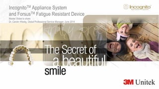 1
3M Marketing
All Rights Reserved.© 3M 2014
IncognitoTM Appliance System
and ForsusTM Fatigue Resistant Device
Master Slides to share
Dr. Carolin Wiedig, Global Professional Service Manager, June 2014
 