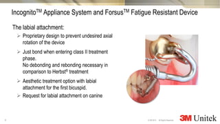 8
3M Marketing
All Rights Reserved.© 3M 2014
The labial attachment:
 Proprietary design to prevent undesired axial
rotation of the device
 Just bond when entering class II treatment
phase.
No debonding and rebonding necessary in
comparison to Herbst® treatment
 Aesthetic treatment option with labial
attachment for the first bicuspid.
 Request for labial attachment on canine
IncognitoTM Appliance System and ForsusTM Fatigue Resistant Device
 