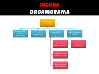 Gerente general
Isis Parada Aguila
Gerente de ventas y
Marketing
Walter Gonzalez
Gerente de Recursos
Humanos
Alejandro Arrau
Gerente de
Administración y
Finanzas
Víctor Márquez Núñez
Jefa de finanzas
Alejandra Campos P.
Jefe de Cobranzas
Luis Poblete Miranda
Jefe de contabilidad
Elena Cadegan A.
Gerente de proyectos
Juan Diaz
Jefe de Proyectos
Mauricio Espinoza V
 