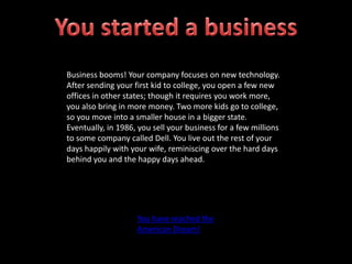 Business booms! Your company focuses on new technology.
After sending your first kid to college, you open a few new
offices in other states; though it requires you work more,
you also bring in more money. Two more kids go to college,
so you move into a smaller house in a bigger state.
Eventually, in 1986, you sell your business for a few millions
to some company called Dell. You live out the rest of your
days happily with your wife, reminiscing over the hard days
behind you and the happy days ahead.
You have reached the
American Dream!
 