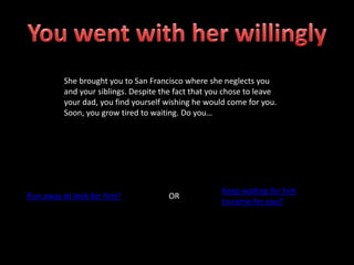 She brought you to San Francisco where she neglects you
and your siblings. Despite the fact that you chose to leave
your dad, you find yourself wishing he would come for you.
Soon, you grow tired to waiting. Do you…
Run away to look for him? OR
Keep waiting for him
to come for you?
 