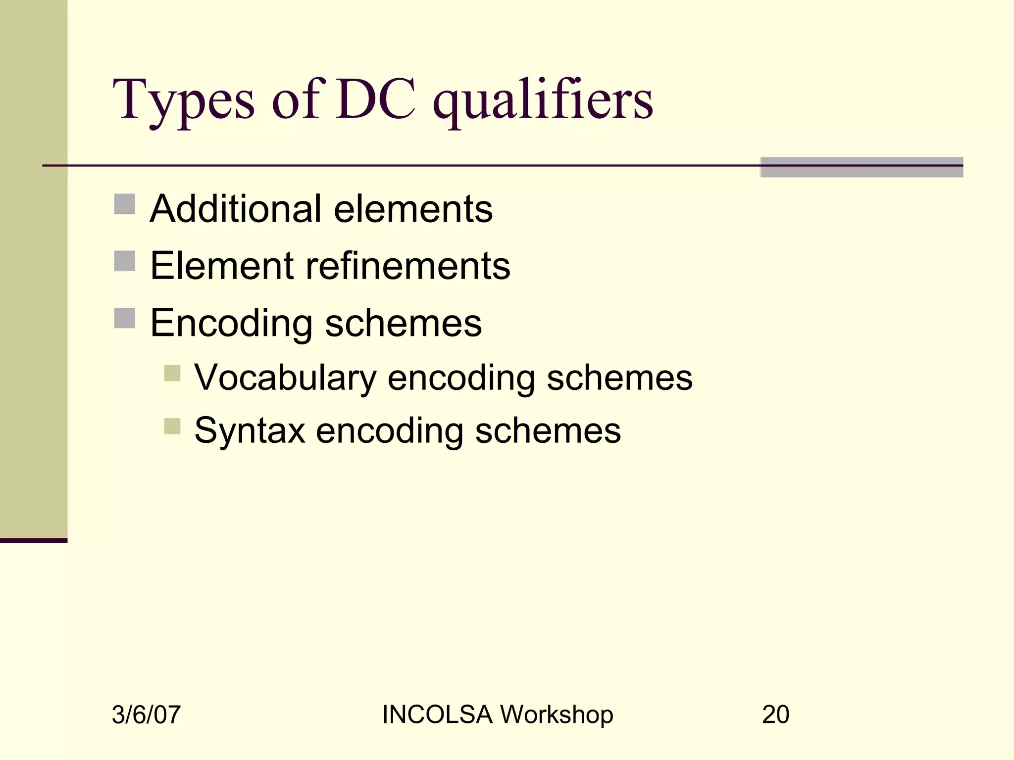 3/6/07 INCOLSA Workshop 20
Types of DC qualifiers
 Additional elements
 Element refinements
 Encoding schemes
 Vocabulary encoding schemes
 Syntax encoding schemes
 