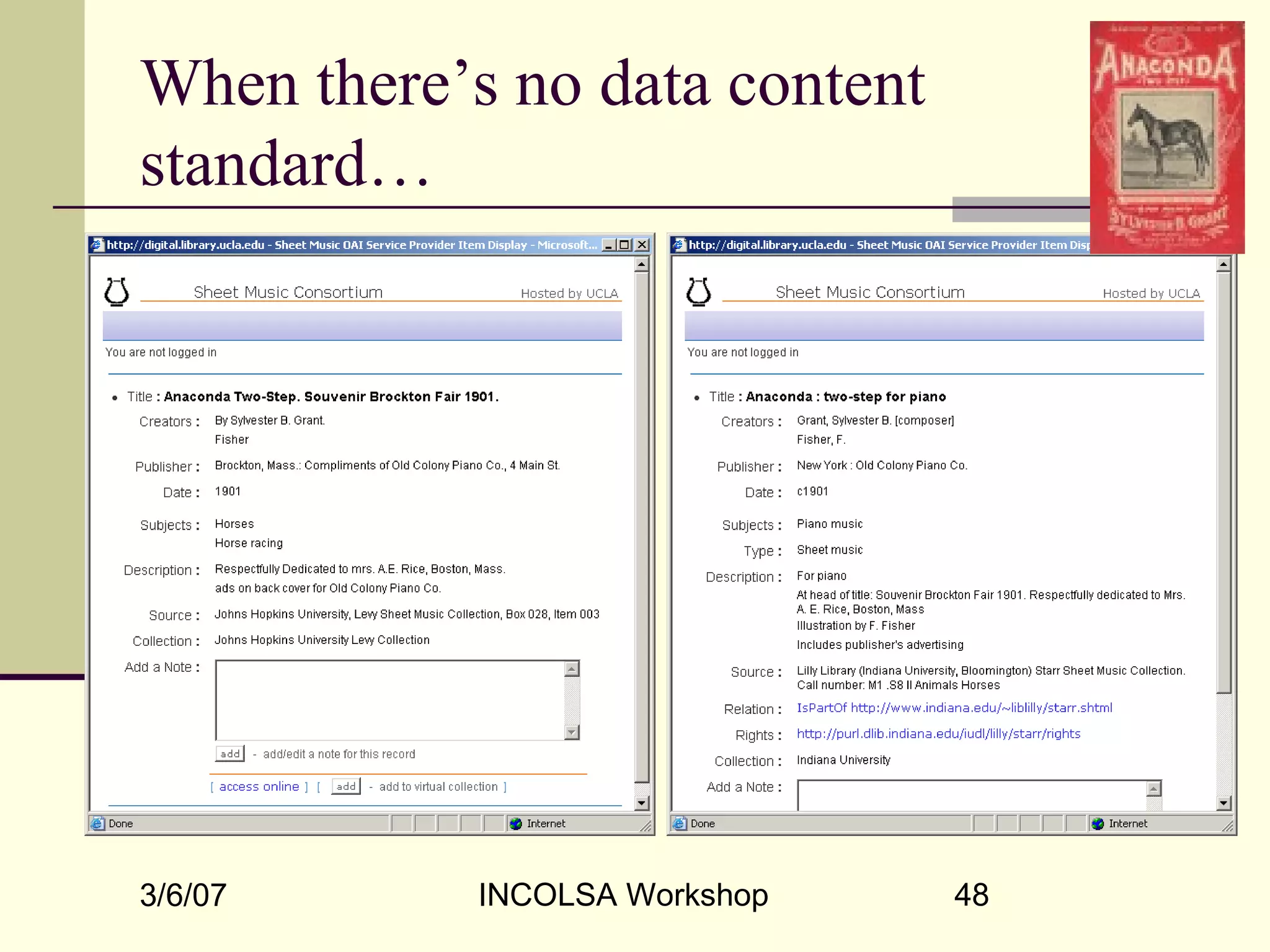 3/6/07 INCOLSA Workshop 48
When there’s no data content
standard…
 
