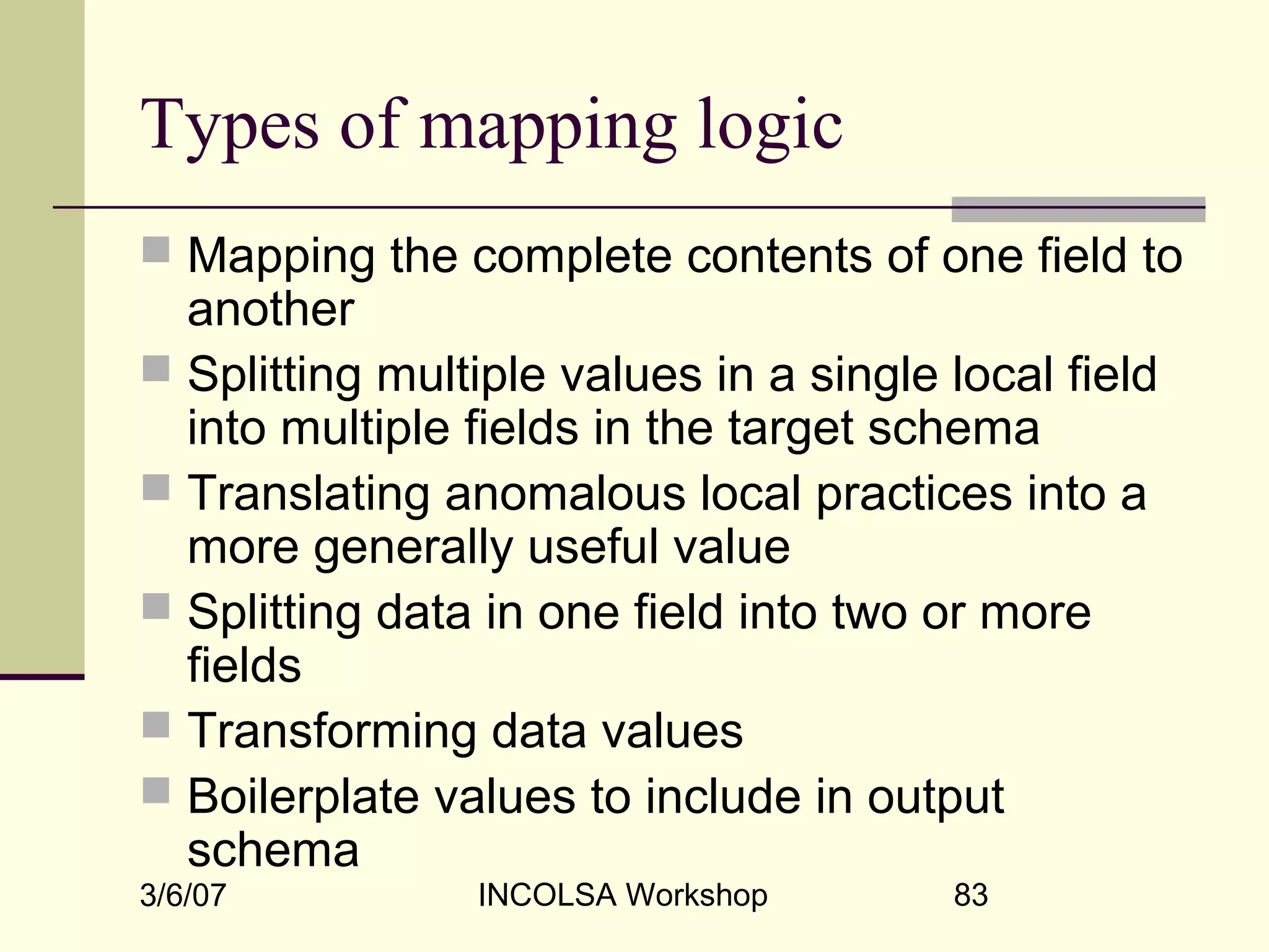 3/6/07 INCOLSA Workshop 83
Types of mapping logic
 Mapping the complete contents of one field to
another
 Splitting multiple values in a single local field
into multiple fields in the target schema
 Translating anomalous local practices into a
more generally useful value
 Splitting data in one field into two or more
fields
 Transforming data values
 Boilerplate values to include in output
schema
 
