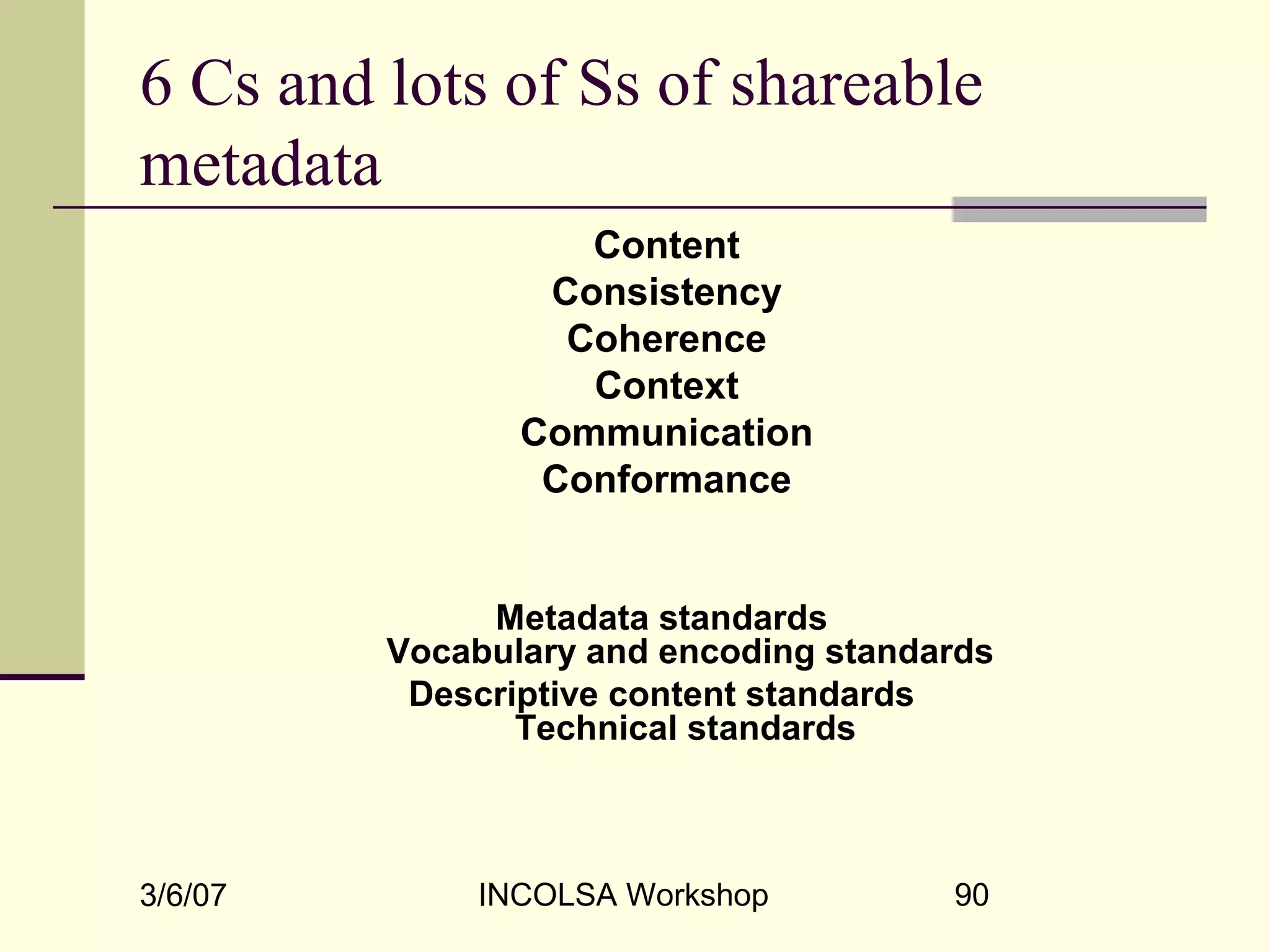 3/6/07 INCOLSA Workshop 90
6 Cs and lots of Ss of shareable
metadata
Content
Consistency
Coherence
Context
Communication
Conformance
Metadata standards
Vocabulary and encoding standards
Descriptive content standards
Technical standards
 