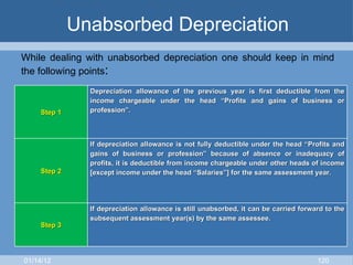 Unabsorbed Depreciation While dealing with unabsorbed depreciation one should keep in mind the following points : 01/14/12 Step 1 Depreciation allowance of the previous year is first deductible from the income chargeable under the head “Profits and gains of business or profession”. Step 2 If depreciation allowance is not fully deductible under the head “Profits and gains of business or profession” because of absence or inadequacy of profits, it is deductible from income chargeable under other heads of income [except income under the head “Salaries”] for the same assessment year. Step 3 If depreciation allowance is still unabsorbed, it can be carried forward to the subsequent assessment year(s) by the same assessee. 