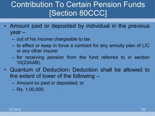 Contribution To Certain Pension Funds [Section 80CCC] Amount paid or deposited by individual in the previous year – out of his income chargeable to tax to effect or keep in force a contract for any annuity plan of LIC or any other insurer for receiving pension from the fund referred to in section 10(23AAB). Quantum of Deduction :  Deduction shall be allowed to the extent of lower of the following – Amount so paid or deposited; or Rs. 1,00,000 01/14/12 