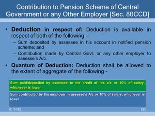 Contribution to Pension Scheme of Central Government or any Other Employer [Sec. 80CCD] Deduction  in respect of:  Deduction is available in respect of both of the following – Sum deposited by assessee in his account in notified pension scheme; and Contribution made by Central Govt. or any other employer to assesse’s A/c. Quantum of Deduction:  Deduction shall be allowed to the extent of aggregate of the following - 01/14/12 Sum paid/deposited by assessee to the credit of his a/c or 10% of salary, whichever is lower Sum contributed by the employer in assesse’s A/c or 10% of salary, whichever is lower 