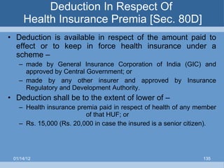 Deduction In Respect Of  Health Insurance Premia [Sec. 80D] Deduction is available in respect of the amount paid to effect or to keep in force health insurance under a scheme – made by General Insurance Corporation of India (GIC) and approved by Central Government; or made by any other insurer and approved by Insurance Regulatory and Development Authority. Deduction shall be to the extent of lower of – Health insurance premia paid in respect of health of any member    of that HUF; or Rs. 15,000 (Rs. 20,000 in case the insured is a senior citizen). 01/14/12 