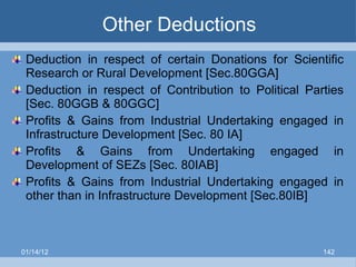 Other Deductions Deduction in respect of certain Donations for Scientific Research or Rural Development [Sec.80GGA] Deduction in respect of Contribution to Political Parties [Sec. 80GGB & 80GGC] Profits & Gains from Industrial Undertaking engaged in Infrastructure Development [Sec. 80 IA] Profits & Gains from Undertaking engaged in Development of SEZs [Sec. 80IAB] Profits & Gains from Industrial Undertaking engaged in other than in Infrastructure Development [Sec.80IB] 01/14/12 