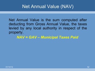 Net Annual Value (NAV) Net Annual Value is the sum computed after deducting from Gross Annual Value, the taxes levied by any local authority in respect of the property. NAV = GAV – Municipal Taxes Paid  01/14/12 