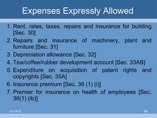Expenses Expressly Allowed  Rent, rates, taxes, repairs and insurance for building [Sec. 30] Repairs and insurance of machinery, plant and furniture [Sec. 31] Depreciation allowance [Sec. 32]  Tea/coffee/rubber development account [Sec. 33AB]  Expenditure on acquisition of patent rights and copyrights [Sec. 35A]  Insurance premium [Sec. 36 (1) (i)] Premier for insurance on health of employees [Sec. 36(1) (ib)] 01/14/12 