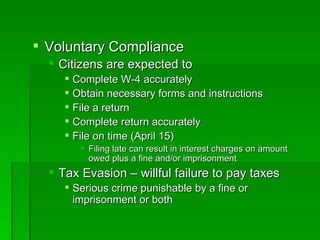 Voluntary Compliance Citizens are expected to  Complete W-4 accurately Obtain necessary forms and instructions File a return Complete return accurately File on time (April 15)  Filing late can result in interest charges on amount owed plus a fine and/or imprisonment Tax Evasion – willful failure to pay taxes Serious crime punishable by a fine or imprisonment or both 