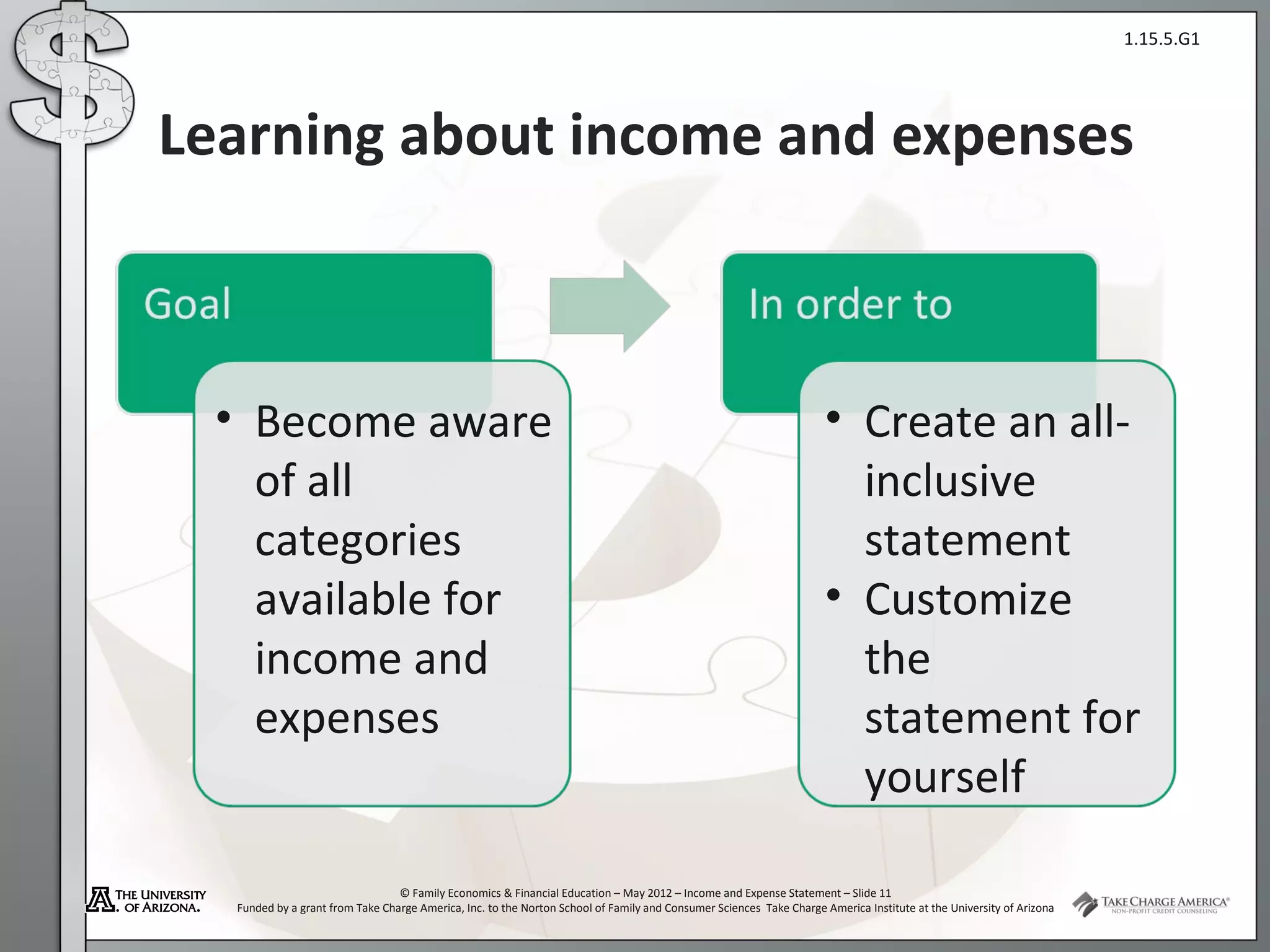 1.15.5.G1




Learning about income and expenses



 • Become aware                                                                                                      • Create an all-
   of all                                                                                                              inclusive
   categories                                                                                                          statement
   available for                                                                                                     • Customize
   income and                                                                                                          the
   expenses                                                                                                            statement for
                                                                                                                       yourself

                                 © Family Economics & Financial Education – May 2012 – Income and Expense Statement – Slide 11
  Funded by a grant from Take Charge America, Inc. to the Norton School of Family and Consumer Sciences Take Charge America Institute at the University of Arizona
 