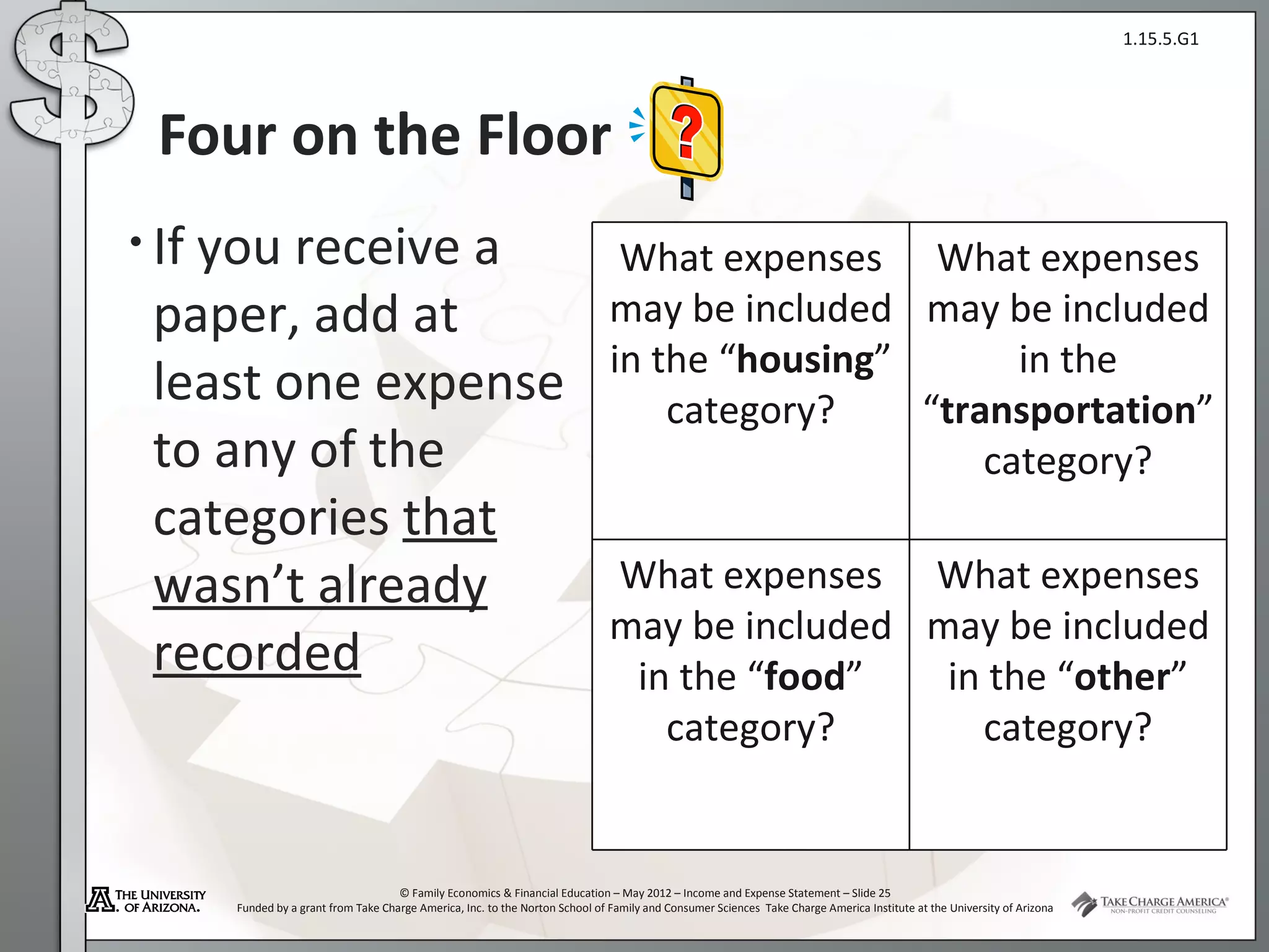 1.15.5.G1




  Four on the Floor
• If
   you receive a                                                                What expenses What expenses
 paper, add at                                                                 may be included may be included
                                                                               in the “housing”       in the
 least one expense                                                                 category?    “transportation”
 to any of the                                                                                      category?
 categories that
 wasn’t already                                                                What expenses What expenses
                                                                               may be included may be included
 recorded                                                                       in the “food”   in the “other”
                                                                                  category?       category?


                                      © Family Economics & Financial Education – May 2012 – Income and Expense Statement – Slide 25
       Funded by a grant from Take Charge America, Inc. to the Norton School of Family and Consumer Sciences Take Charge America Institute at the University of Arizona
 
