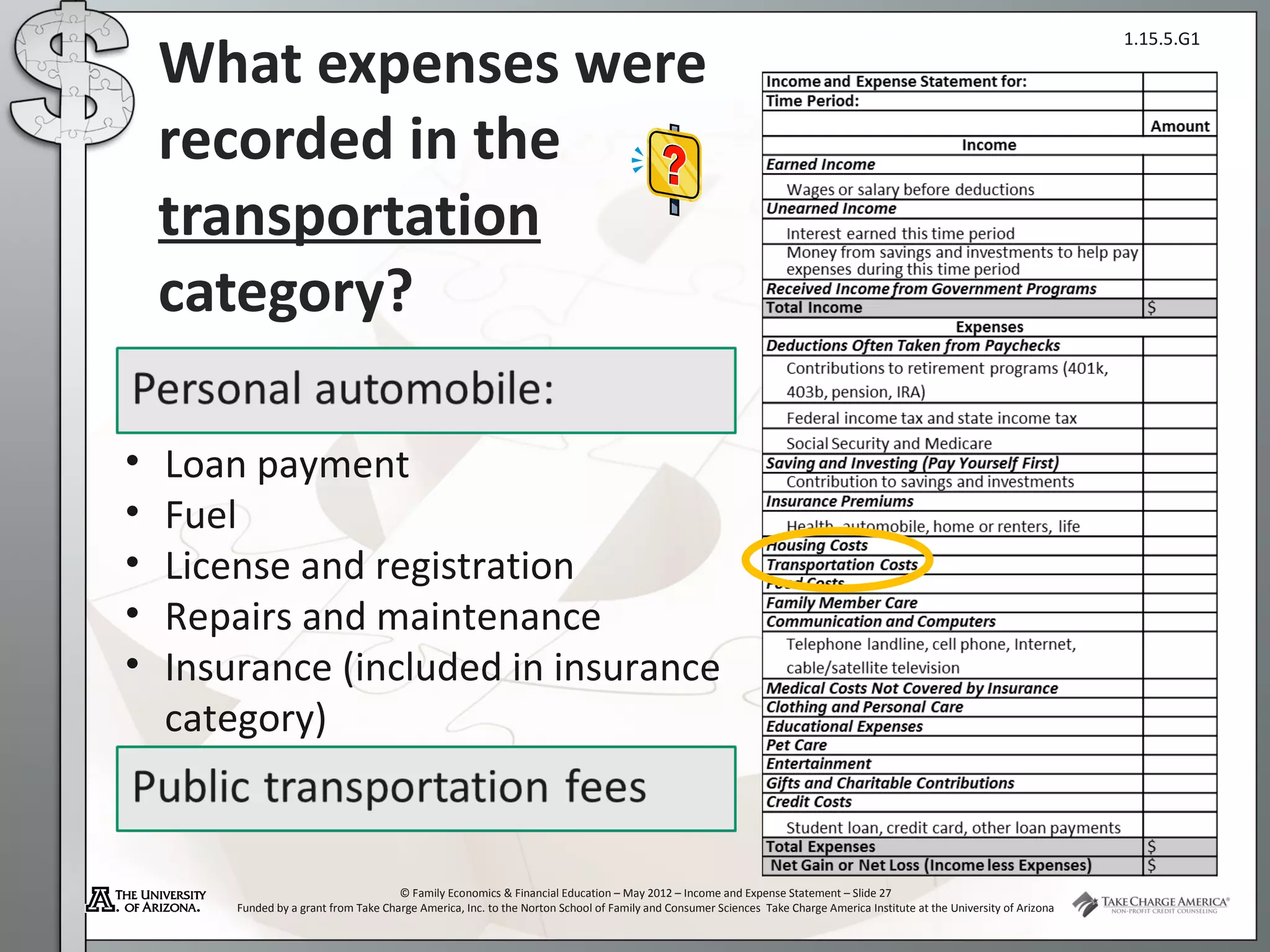 What expenses were
                                                                                                                                                                           1.15.5.G1




    recorded in the
    transportation
    category?

•   Loan payment
•   Fuel
•   License and registration
•   Repairs and maintenance
•   Insurance (included in insurance
    category)


                                       © Family Economics & Financial Education – May 2012 – Income and Expense Statement – Slide 27
        Funded by a grant from Take Charge America, Inc. to the Norton School of Family and Consumer Sciences Take Charge America Institute at the University of Arizona
 